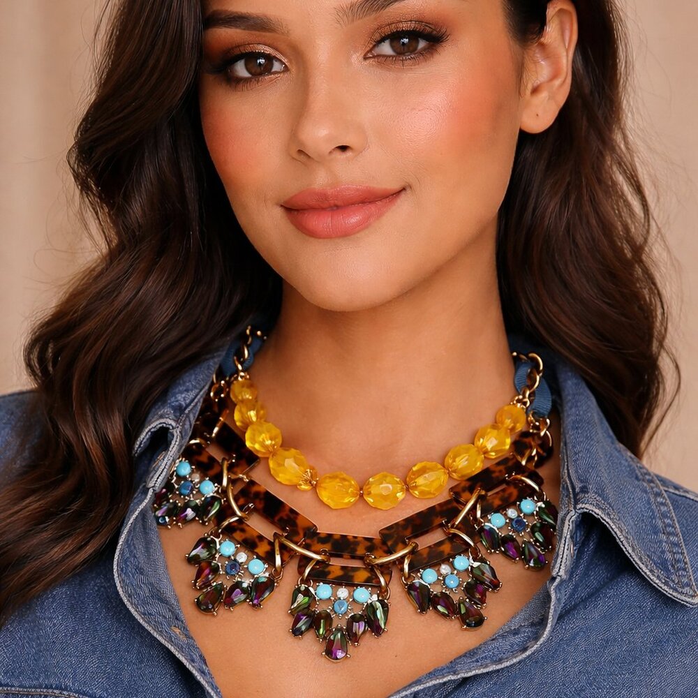 Charming Sisters‎ Statement Necklace 16” Tortoise Lucite Crystal Drop NWT